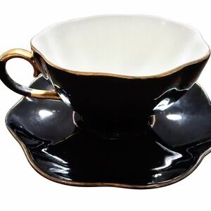 Grace Tea Ware Black & Gold Teacup & Saucer Set Scalloped Edges Dishwasher Safe